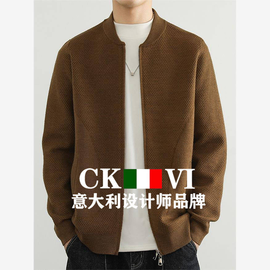官方正品CKvi羊毛针织开衫外套男高端加厚羊绒毛衣棒球领夹克上衣