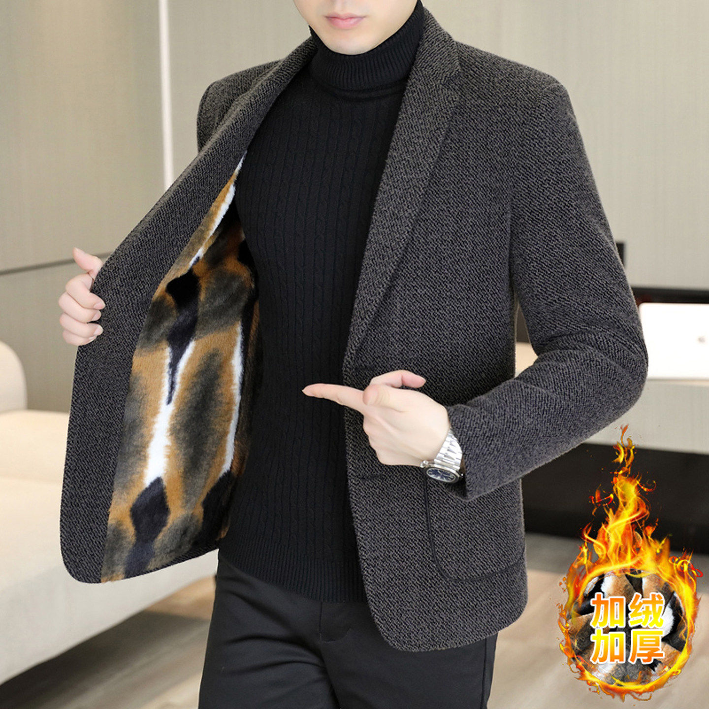 毛呢西装外套男秋冬季加厚加绒韩版修身西服潮流高端痞帅呢子大衣