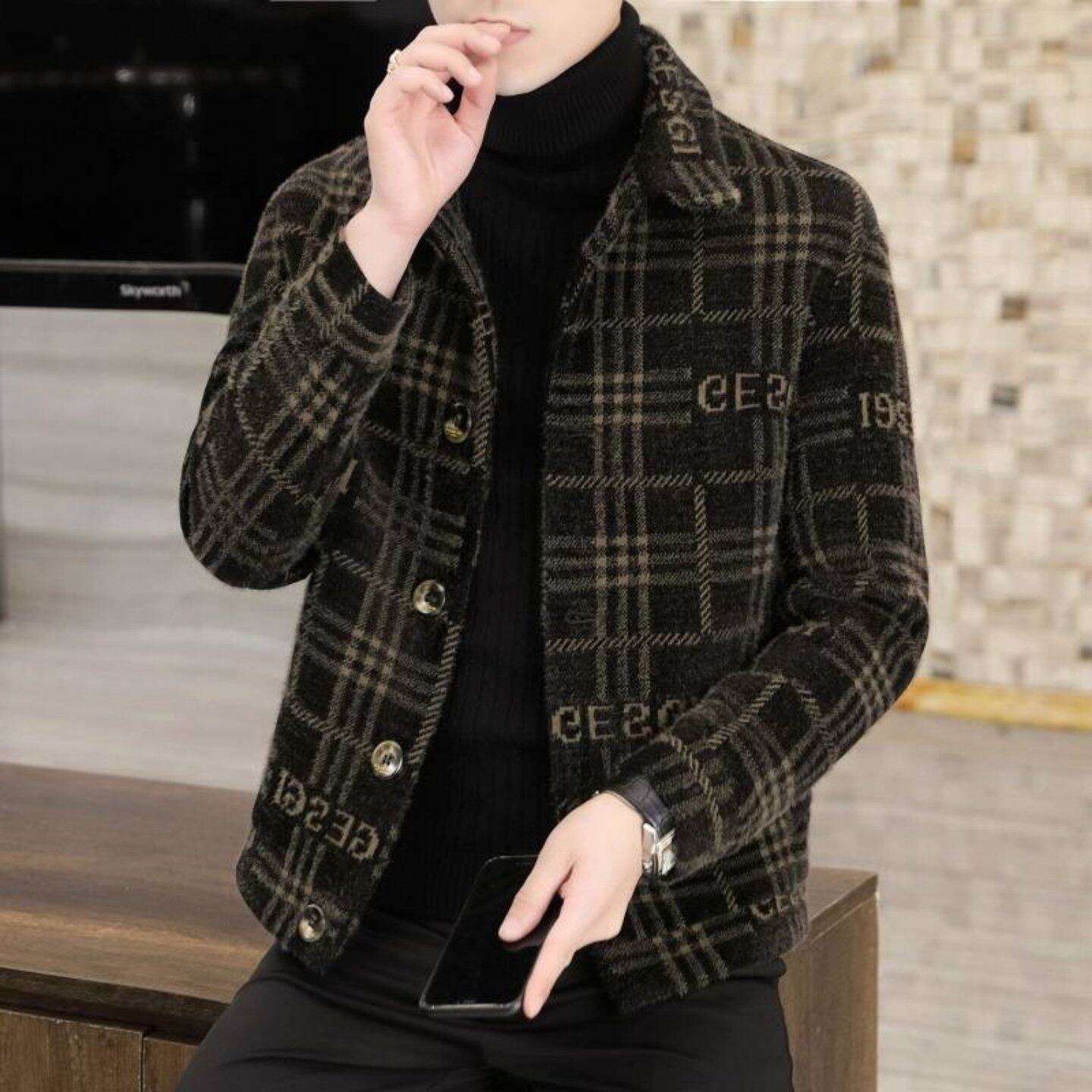 格子毛呢夹克外套男冬季修身潮流男士加棉加厚翻领短款金貂绒呢子
