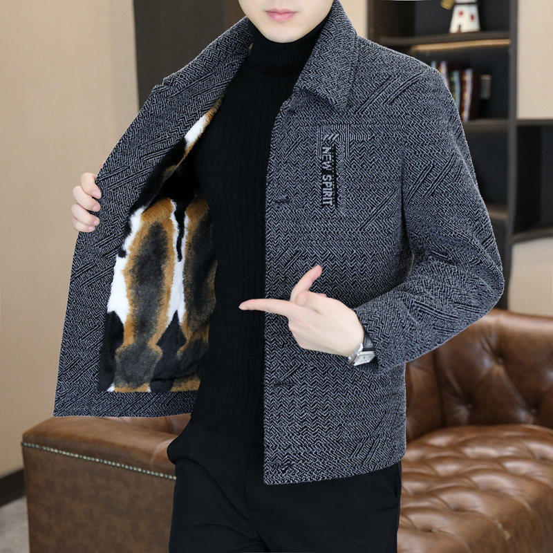 毛呢外套男士秋冬季加绒加厚短款翻领夹克中年休闲保暖呢子大衣wt
