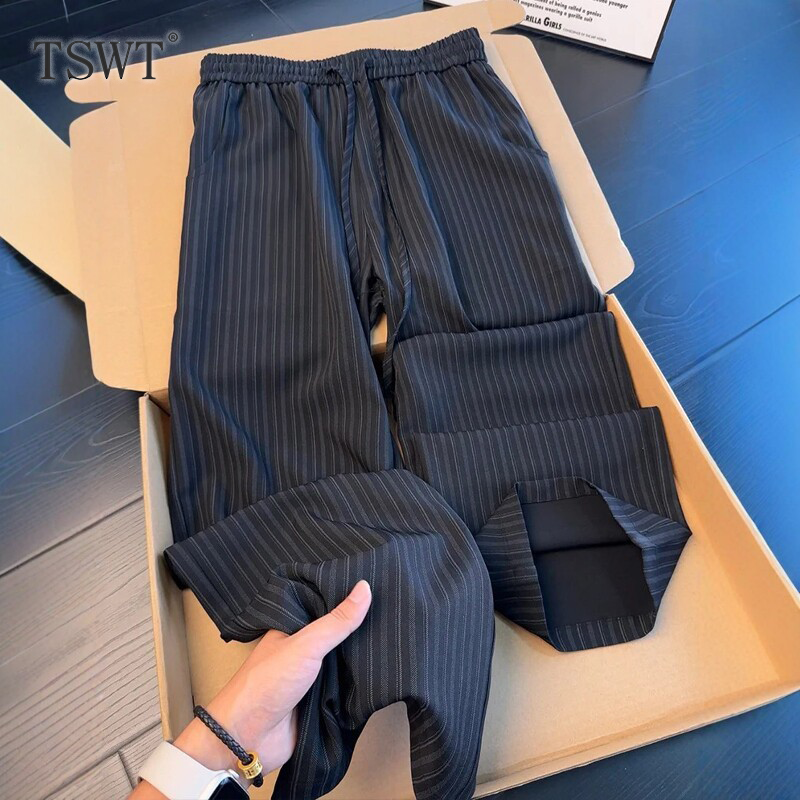 高端老钱风休闲条纹裤男士春秋新款宽松垂感西裤户外直筒休闲长裤