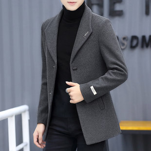 羊绒大衣男秋冬季高端加绒加厚短款韩版修身西装男士羊毛呢子外套