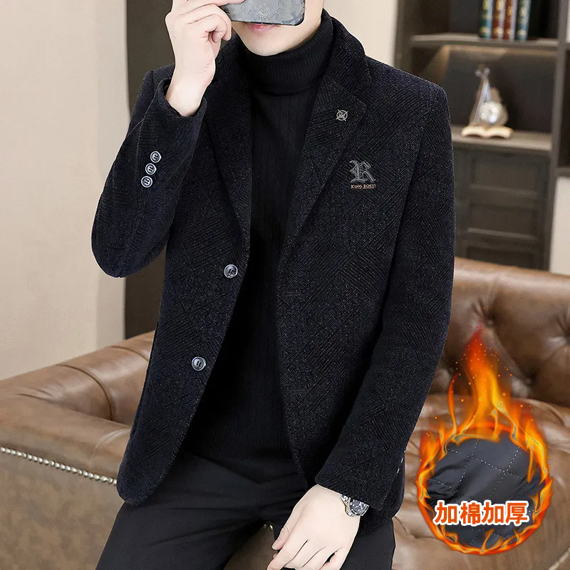 高档羊毛呢西装外套男秋冬潮流新款加厚休闲宽松保暖男士西服单西
