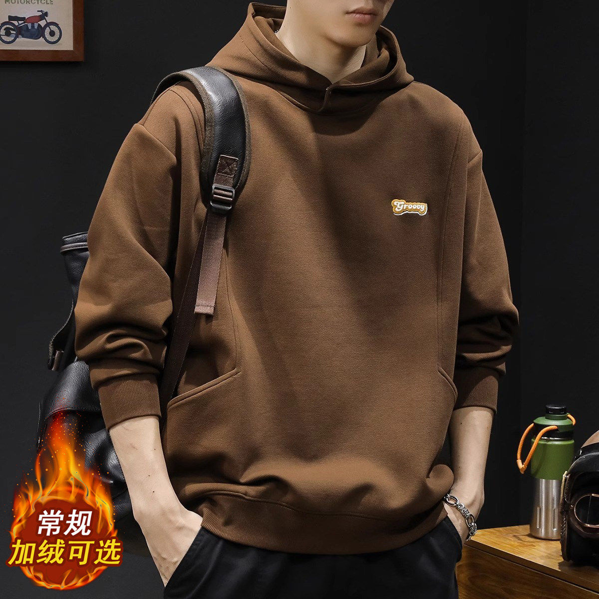 法国高端品牌2025冬季加绒连帽卫衣男宽松重磅潮流休闲上衣服外套