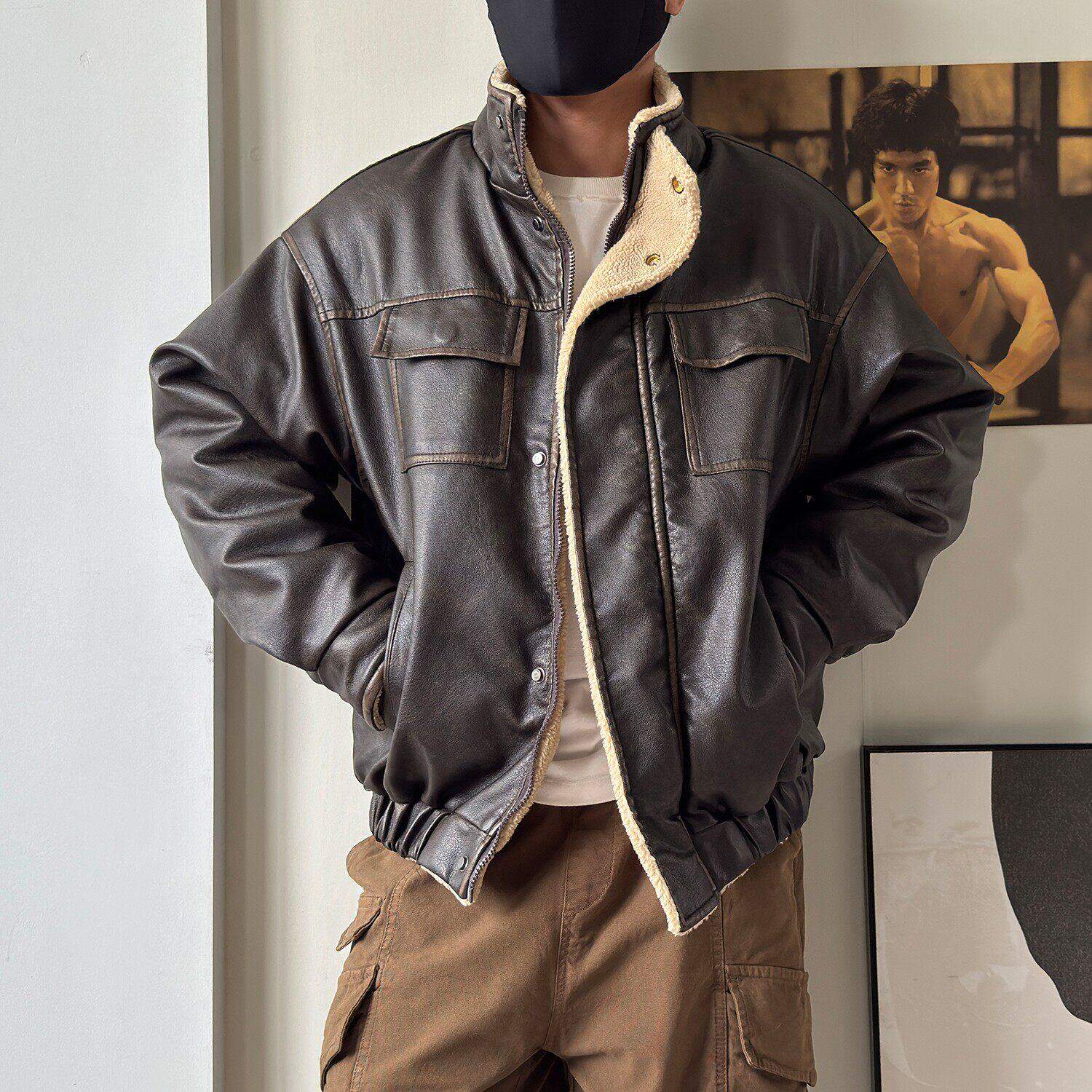 IT ins美式飞行员皮夹克男羊羔绒立领加厚棉服复古机车工装外套