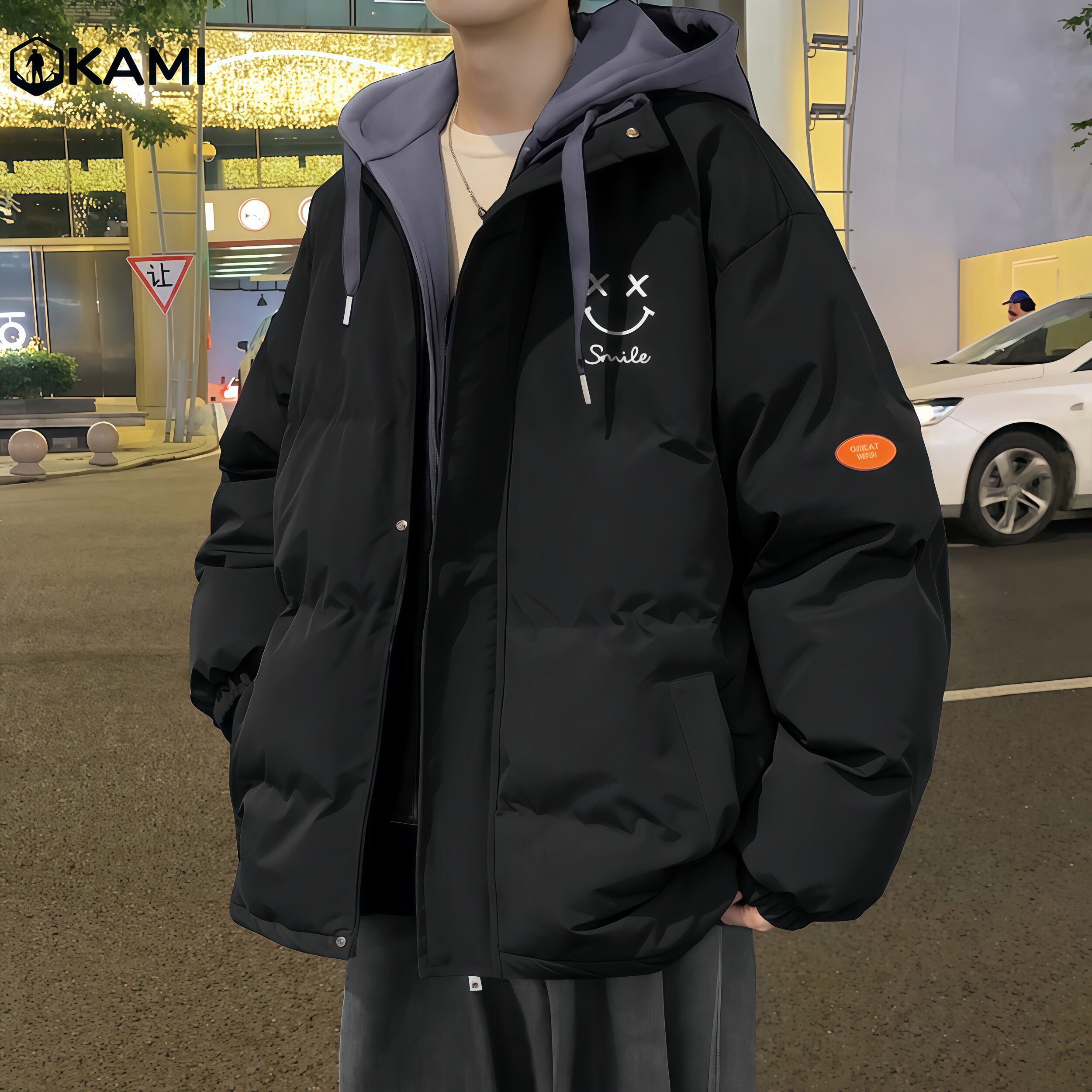 德国男冬季新款港风外套棉袄潮牌加厚连帽棉服宽松面包服男士笑脸