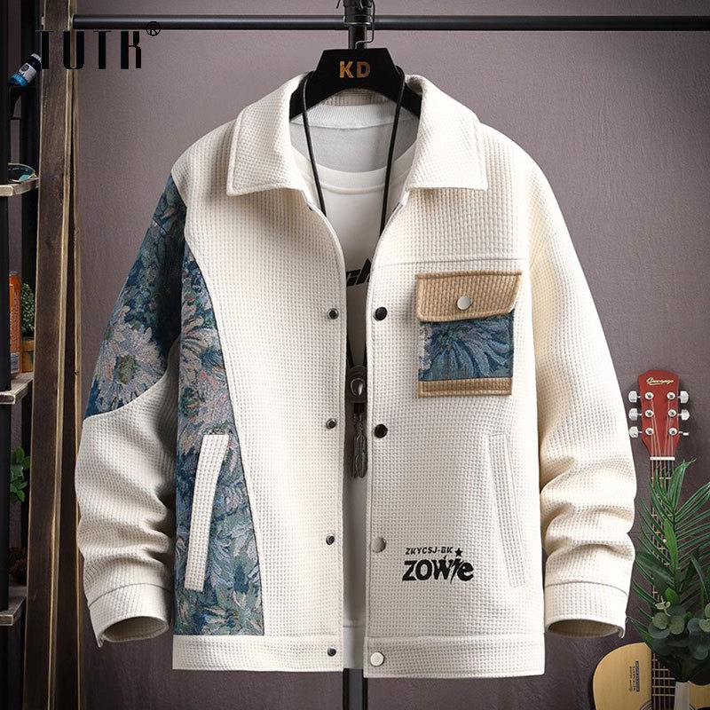华夫格外套男秋冬季民族风翻领短款夹克男士潮牌宽松百搭休闲上衣