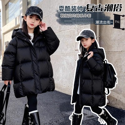 女童棉服冬装韩系潮流简约连帽黑色中长款羽绒棉袄加厚保暖外套潮