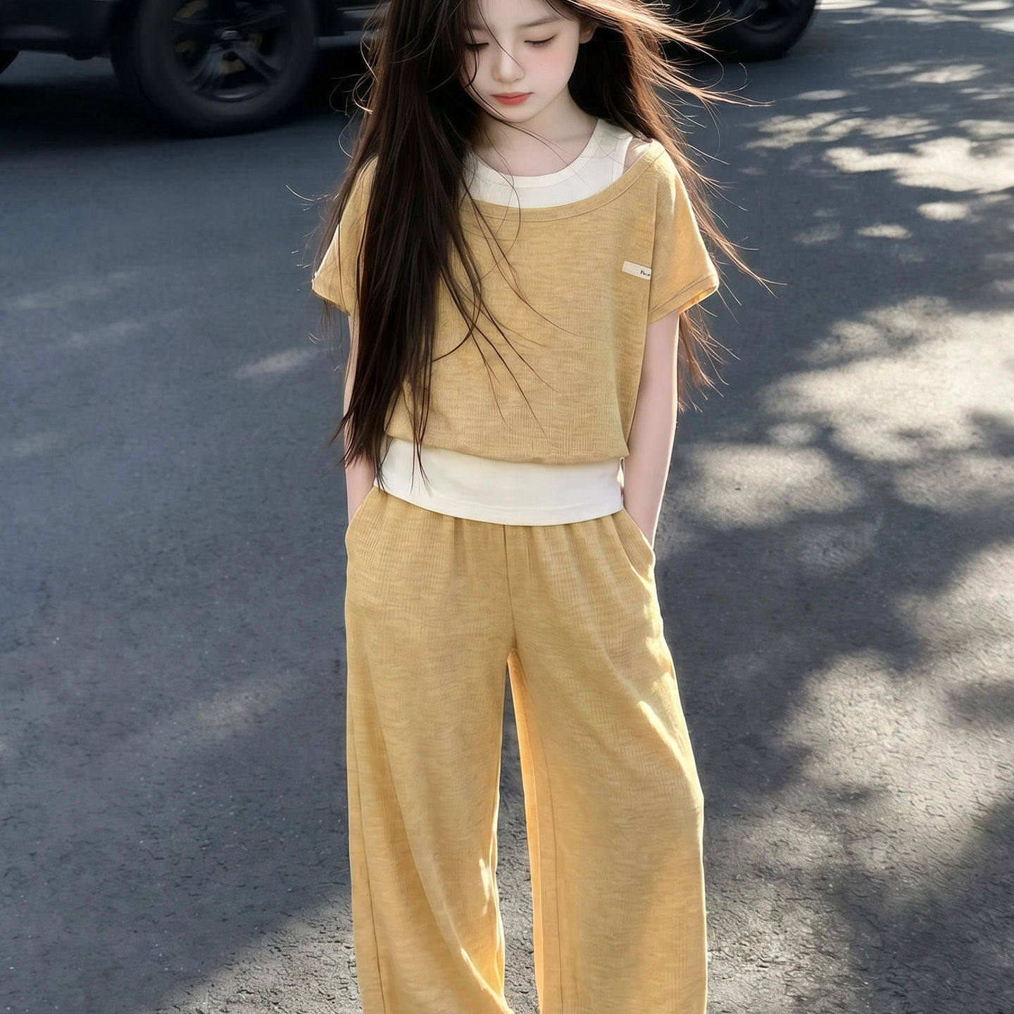女大童夏套装2026新款儿童巨好看假两件短袖初中生韩系穿搭两件套图片