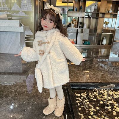 女童外套秋冬装2025新款洋气儿童中长加绒加厚女孩冬季羊羔绒大衣