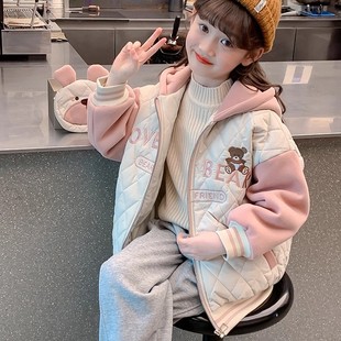 女童外套夹棉儿童装2025新款洋气女孩秋冬季时髦大童加厚连帽上衣