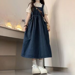 女童牛仔背带连衣裙短袖衬衫两件套女春夏装学院风中长款裙子套装