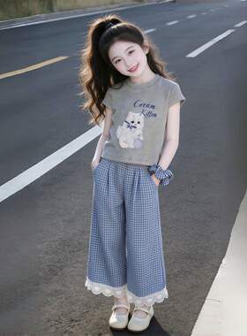 女童套装2026新款夏季巨好看可爱猫咪T恤儿童巨好看格子裤两件套