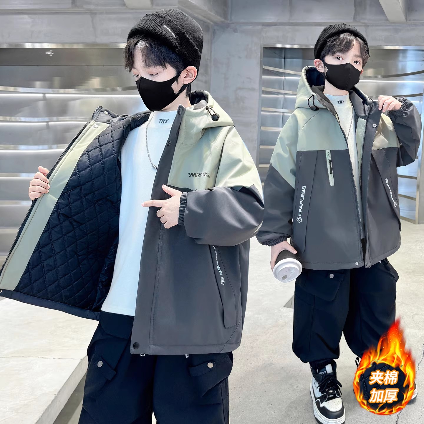 男童夹棉外套秋冬装2025新款中大儿童加厚棉衣二棉派克服冲锋衣潮