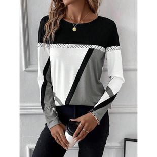 tops neck shirt contrast color geometric womens splicing