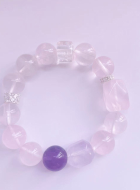 手工天然莫桑比克星光粉水晶手串淡粉水晶乌拉圭紫水晶招桃花手链