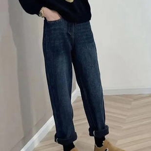 子 胖妹妹梨形身材显瘦直筒老爹裤 加绒加厚复古蓝直筒牛仔裤 女冬季
