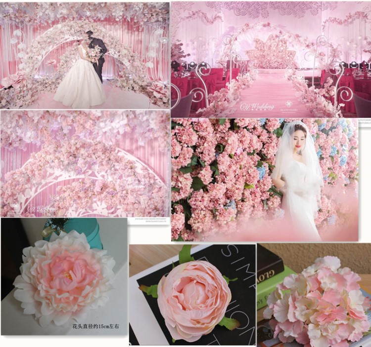 婚礼假花 小桌花 仿真绣球花头 玫瑰花朵 牡丹芍药把束5头7头粉色