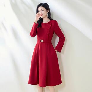 法式春秋冬加绒连衣裙女长袖高档2026新款收腰显瘦气质红色A字裙