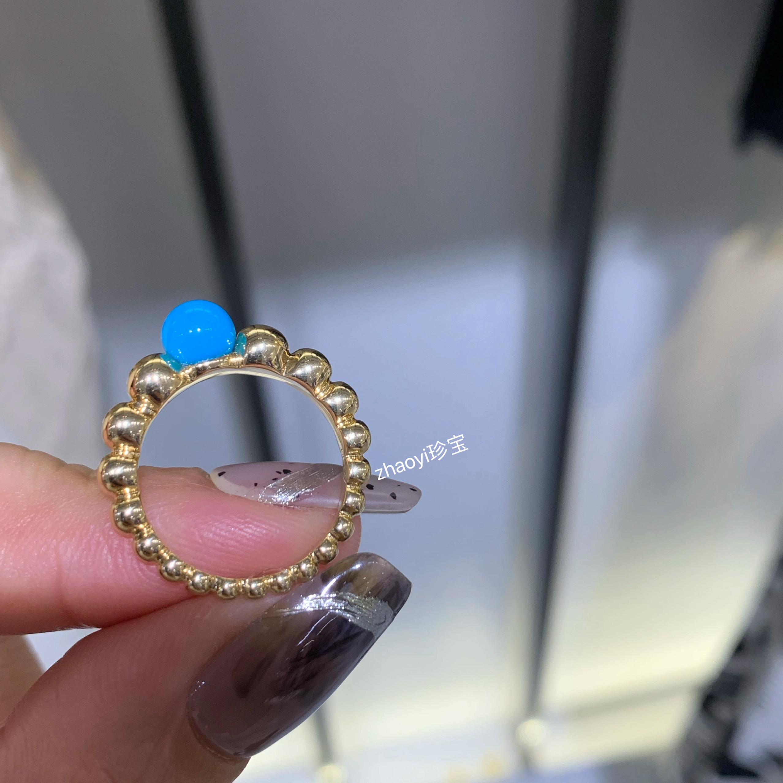 Zhaoyi珍宝～高瓷蓝松珠珠戒指  18k金精工