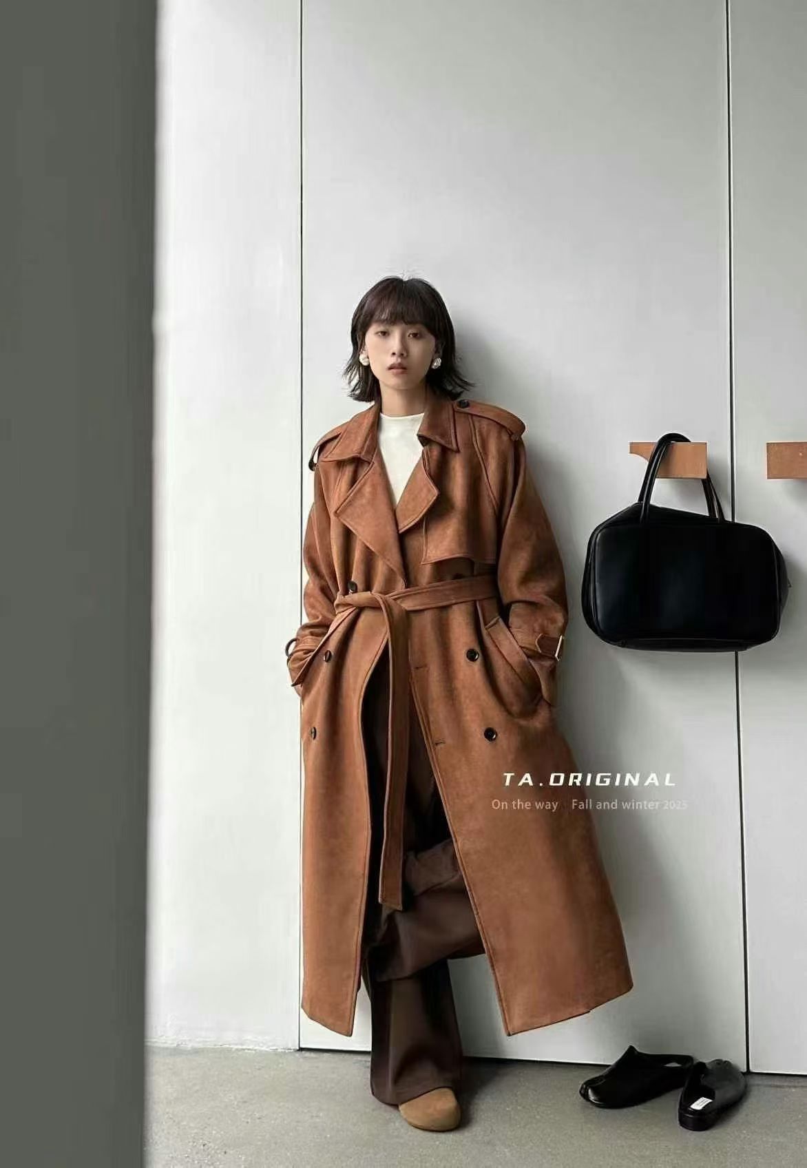 TA ORIGINAL 清仓特价不退不换韩系复古麂皮绒风衣外套高级感大衣