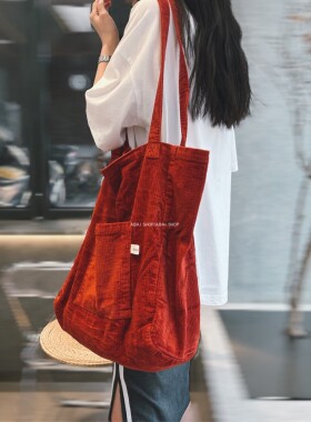 ABAI自制复古红色灯芯绒购物袋大容量大学生口袋单肩包手拎包布袋
