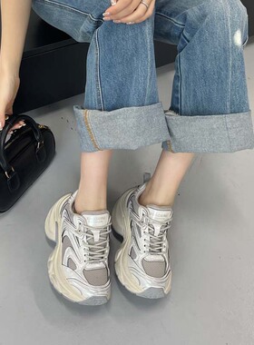 女鞋新款厚底老爹鞋网面拼接系带休闲运动女鞋显脚女鞋时尚休闲鞋
