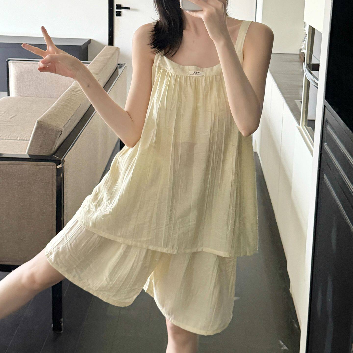 棉麻夏季吊带睡衣女带胸垫短裤款
