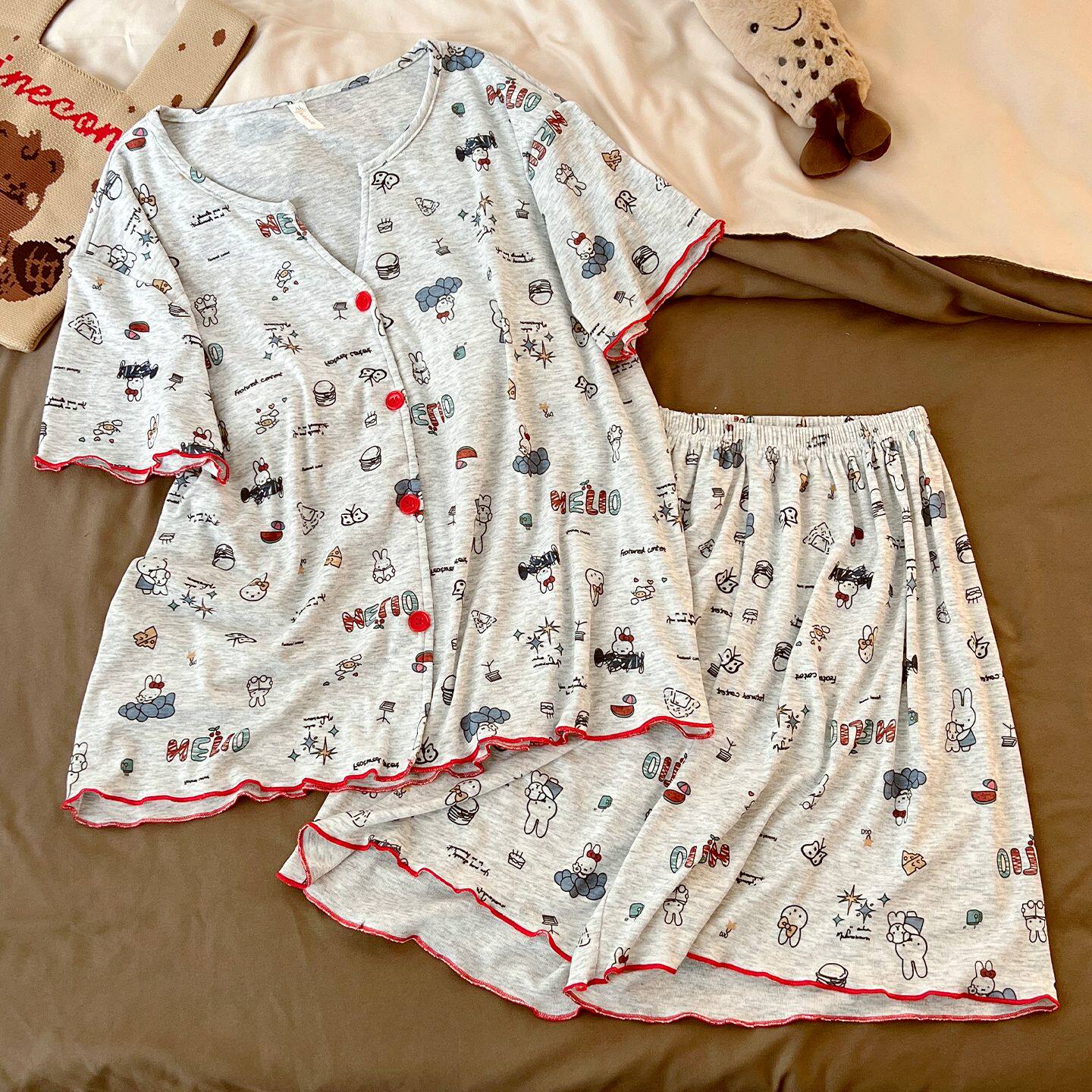 夏季女款睡衣开衫短袖套装家居服