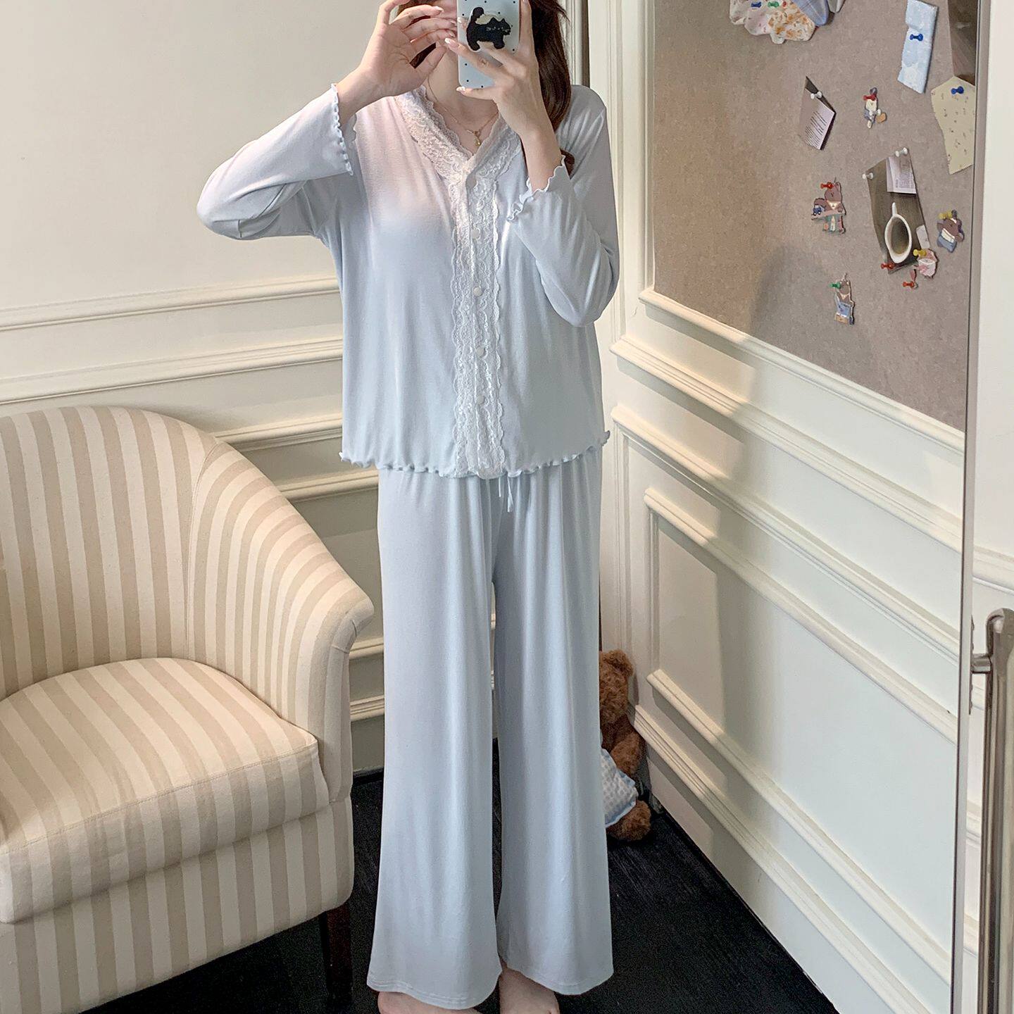 2026秋冬新款蕾丝莫代尔棉睡衣女