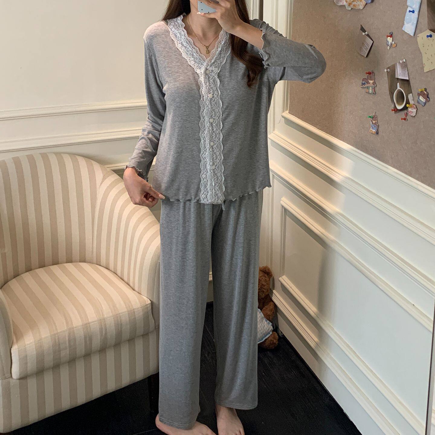 莫代尔棉秋冬新款睡衣女带胸垫