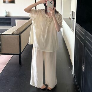 夏季女款睡衣大码舒适宽松显瘦带胸垫棉麻感短袖长裤套装家居服