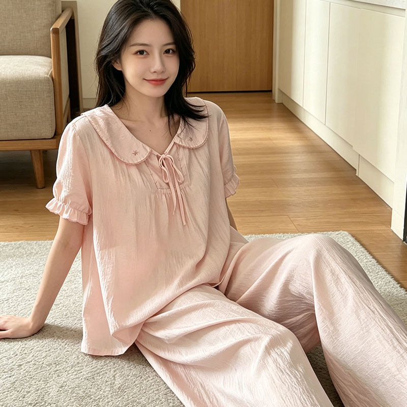 夏季睡衣女棉麻舒适带胸垫家居服