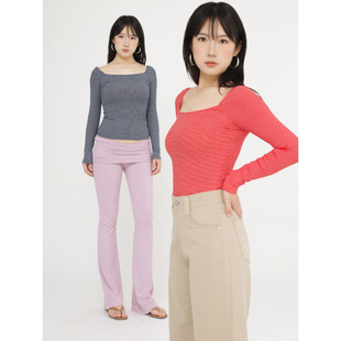 高弹基础条纹长袖 不挑人修身 T恤 2色复古方领插肩袖 ohmyloli