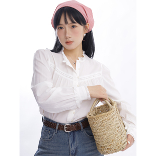 ohmyloli 法式复古白色基础顺滑手感重工花边拼接圆领长袖衬衫