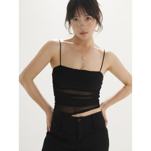 ohmyloli 基础黑色平口弹力网纱不对称下摆侧腰抽褶修身吊带