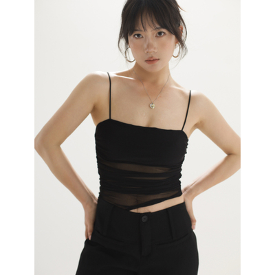 ohmyloli 基础黑色平口弹力网纱不对称下摆侧腰抽褶修身吊带