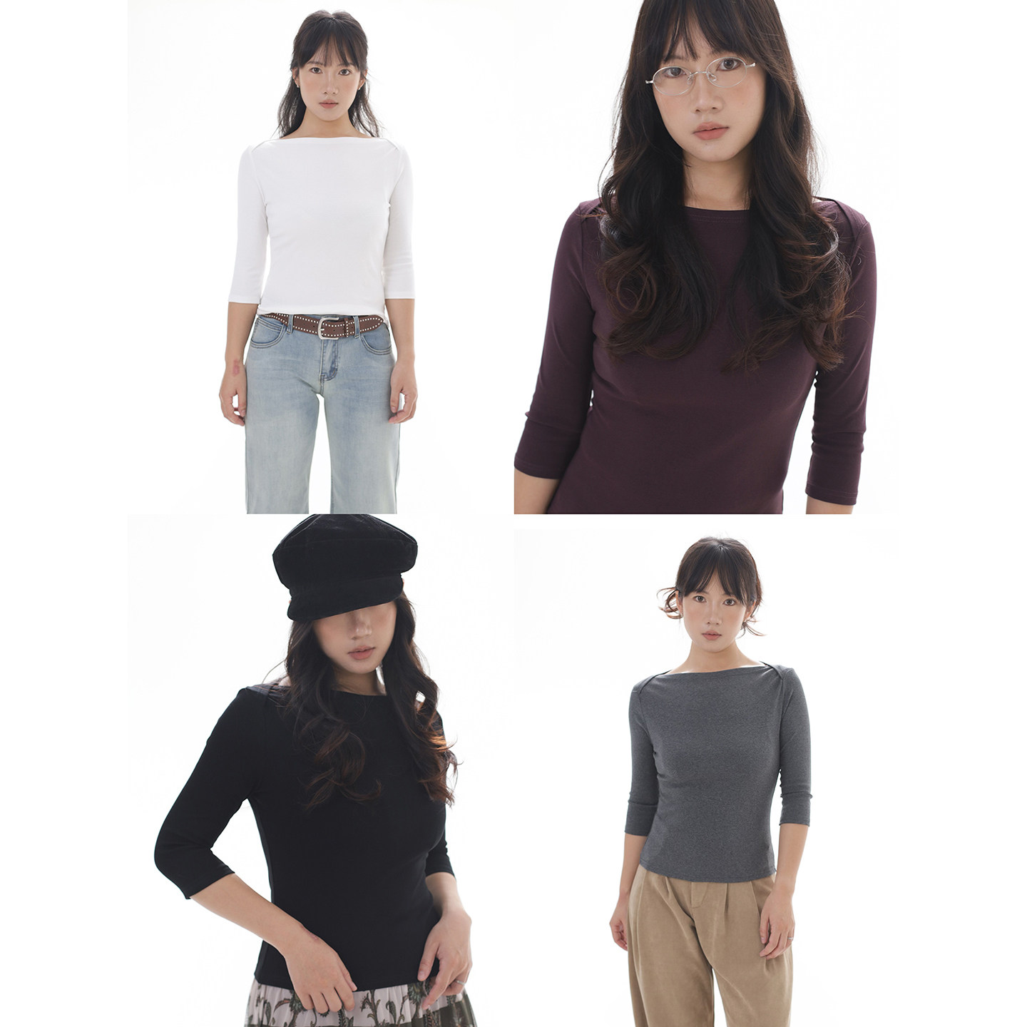 ohmyloli 4色基础一字船型领七分袖修身亲肤收腰打底T恤