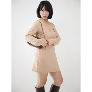 ohmyloli 极简风欧美奶茶色2件套长袖亲肤直筒型女士连衣裙
