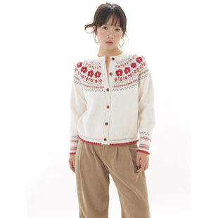 毛衣 开衫 ohmyloli 北欧复古圣诞节日感配色红色提花插肩袖