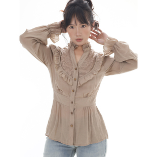 衬衫 ohmyloli 宫廷复古肌理感奶茶色系带收腰花边小立领长袖