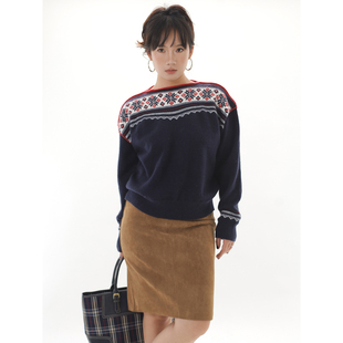 ohmyloli 北欧复古雪花提花拼接撞色一字落肩套头毛衣