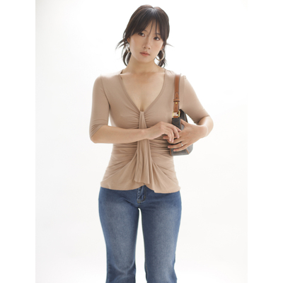 ohmyloli 摩卡色千禧复古亲肤五分袖v领褶皱细节y2k收腰T恤