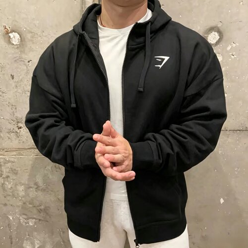 英国GYMSHARK Essential男女秋冬运动休闲刺绣标加绒宽松拉链外套