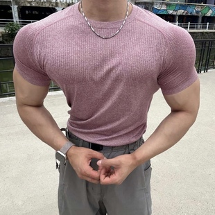 纯色速干训练健身弹力修身 夏季 圆领上衣T恤 无缝提花运动短袖 美式