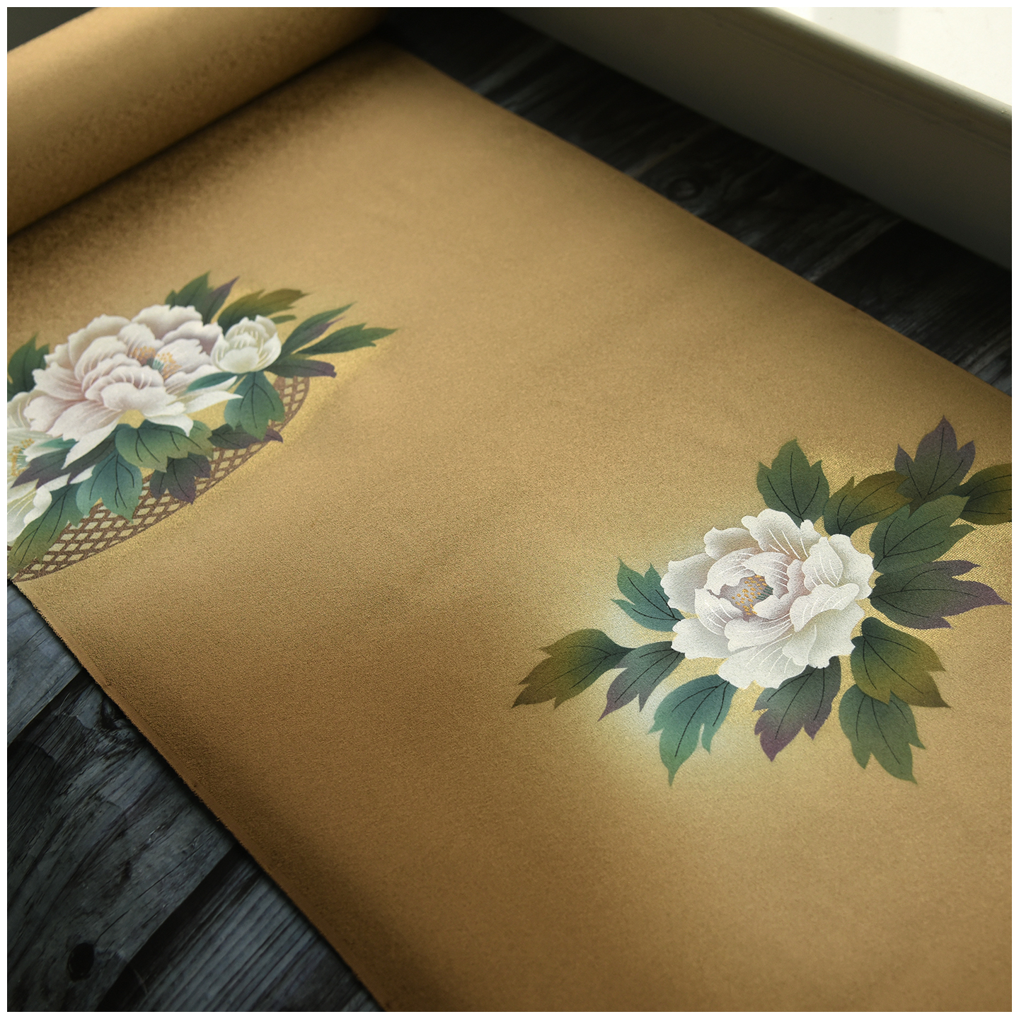 进口正绢真丝金黄手绘牡丹柄反物