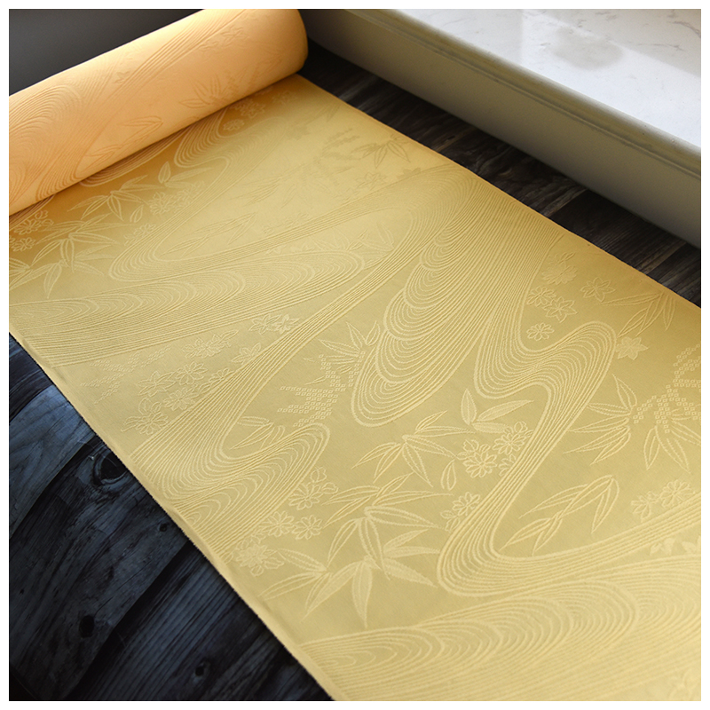 中古正绢真丝明黄竹叶织花布