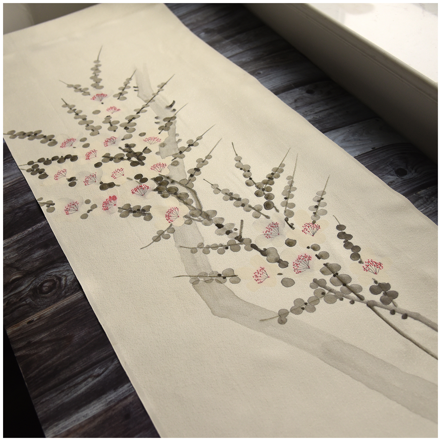 进口中古正绢真丝淡黄水墨手绘桃花付下反解布料口金荷包旗袍零料