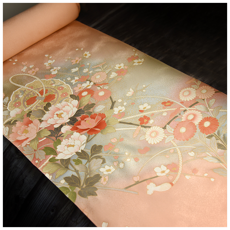 特中古正绢真丝橘霞织铜镜花柄