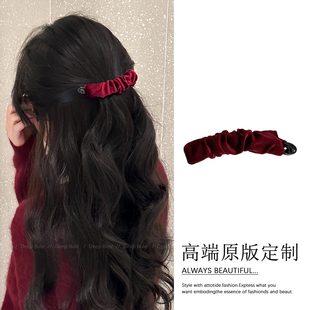 新年红色丝绒香蕉夹竖夹小号发量少后脑勺半扎马尾发夹本命年头饰